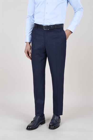 Erkek Slim Fit Mono Yaka Lacivert Ekose Kombin Yelekli Takım Elbise