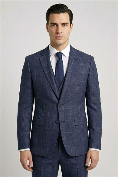 Erkek Slim Fit Mono Yaka Ekose Yelekli Açık Lacivert Kombin Takım Elbise