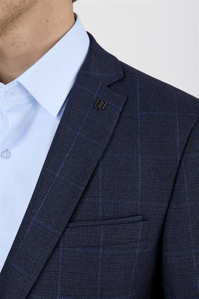 Erkek Slim Fit Mono Yaka Lacivert Ekose Kombin Yelekli Takım Elbise