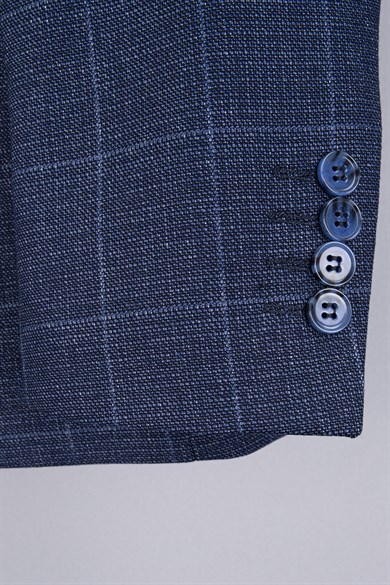 Erkek Slim Fit Mono Yaka Ekose Yelekli Açık Lacivert Kombin Takım Elbise