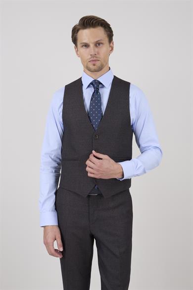 Erkek Slim Fit Mono Yaka Kahverengi Ekose Kombin Yelekli Takım Elbise