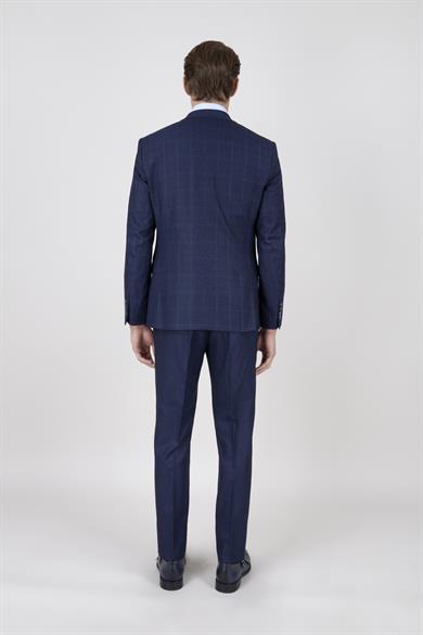 Erkek Slim Fit Mono Yaka Lacivert Ekose Kombin Yelekli Takım Elbise