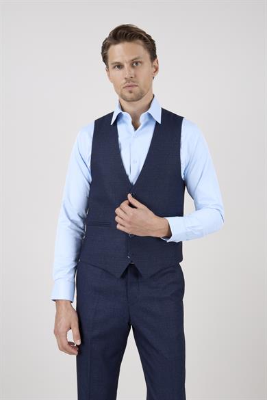 Erkek Slim Fit Mono Yaka Lacivert Ekose Kombin Yelekli Takım Elbise