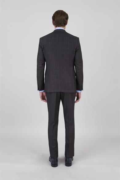 Erkek Slim Fit Mono Yaka Kahverengi Ekose Kombin Yelekli Takım Elbise