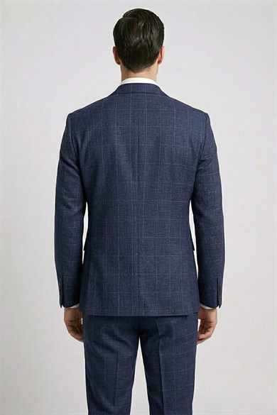 Erkek Slim Fit Mono Yaka Ekose Yelekli Açık Lacivert Kombin Takım Elbise
