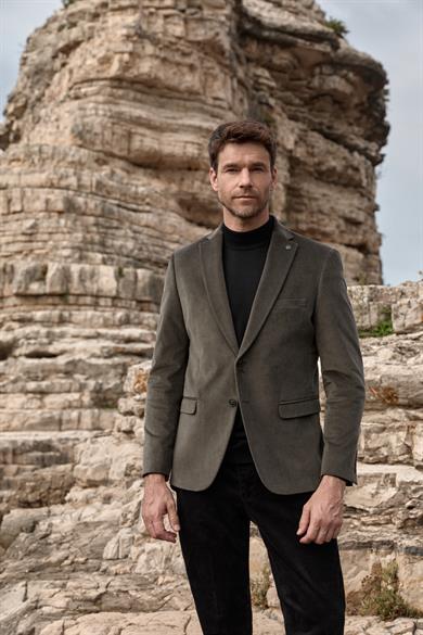 Erkek Slim Fit Mono Yaka Kadife Yeşil Ceket