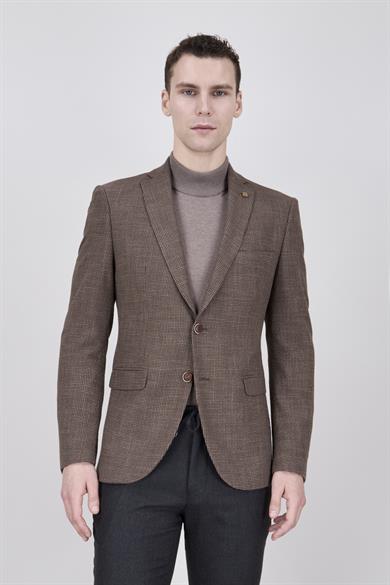 Erkek Slim Fit Mono Yaka Kahverengi Ceket