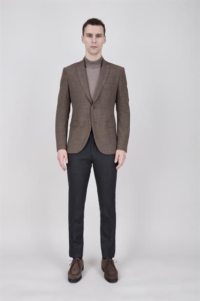 Erkek Slim Fit Mono Yaka Kahverengi Ceket