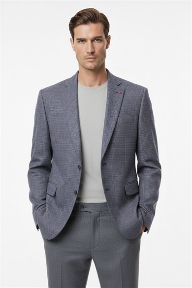 Erkek Slim Fit Mono Yaka Koyu Parlement Ekose Ceket