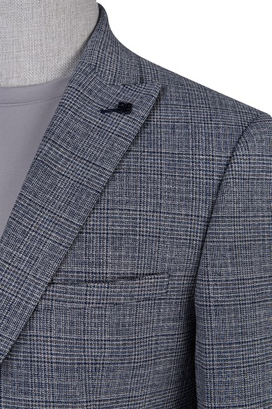 Erkek Slim Fit Mono Yaka Koyu Parlement Ekose Ceket