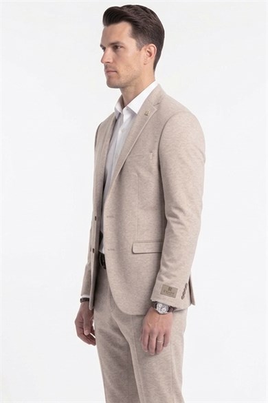 Erkek Slim Fit Mono Yaka Yarım Astar Açık Bej Takım Elbise