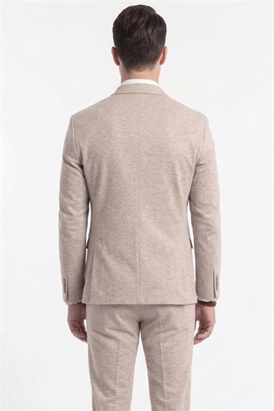 Erkek Slim Fit Mono Yaka Yarım Astar Açık Bej Takım Elbise
