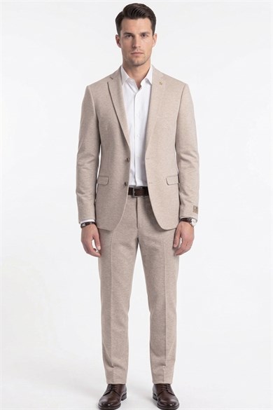 Erkek Slim Fit Mono Yaka Yarım Astar Açık Bej Takım Elbise