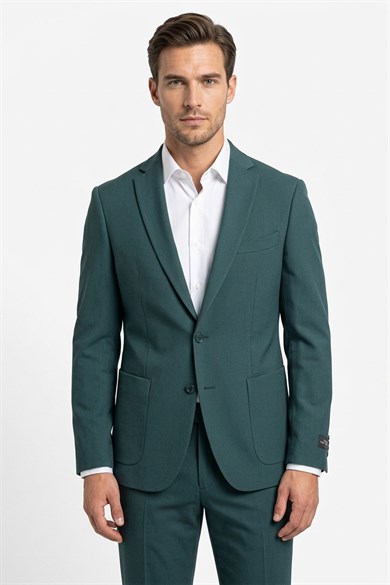 Erkek Slim Fit Mono Yaka Yarım Astar Yeşil Takım Elbise