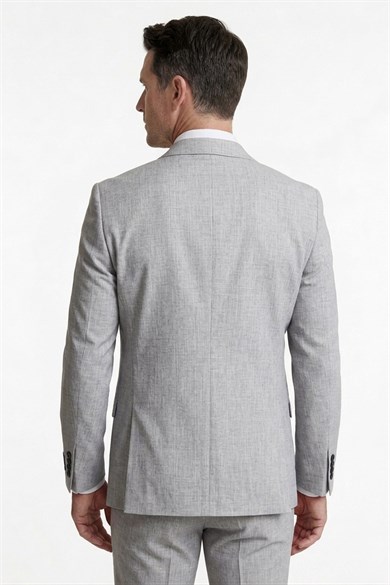 Erkek Slim Fit Sivri Yaka Açık Gri Çizgili Yelekli Takım Elbise