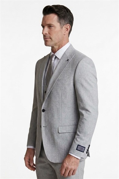 Erkek Slim Fit Sivri Yaka Açık Gri Çizgili Yelekli Takım Elbise