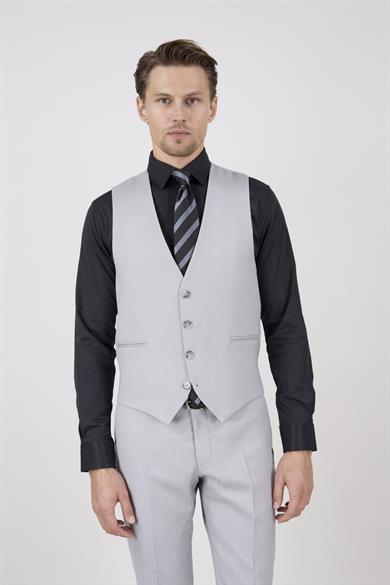 Erkek Slim Fit Sivri Yaka Açık Gri Yelekli Takım Elbise