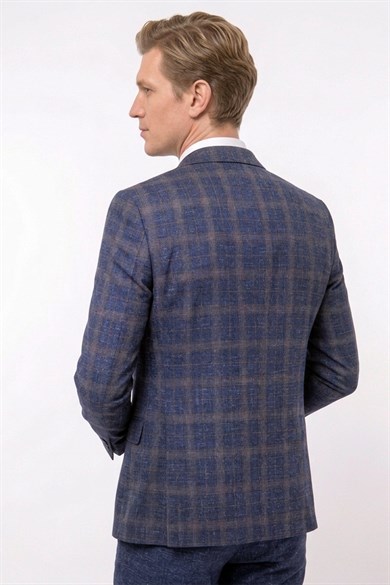 Erkek Slim Fit Sivri Yaka Açık Lacivert Ekose Kombin Yelekli Takım Elbise