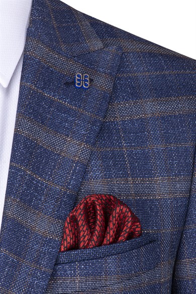 Erkek Slim Fit Sivri Yaka Açık Lacivert Ekose Kombin Yelekli Takım Elbise