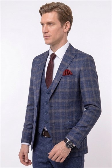 Erkek Slim Fit Sivri Yaka Açık Lacivert Ekose Kombin Yelekli Takım Elbise