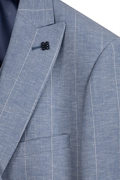 Erkek Slim Fit Sivri Yaka Açık Mavi Çizgili Yelekli Takım Elbise