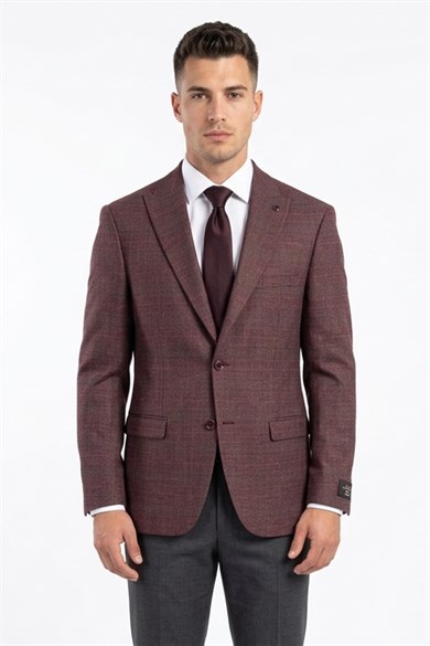 Erkek Slim Fit Sivri Yaka Bordo Ceket