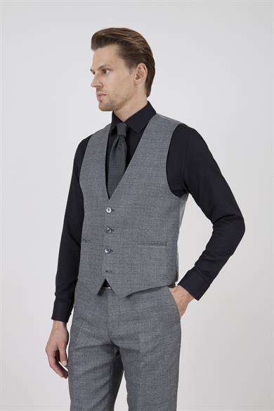 Erkek Slim Fit Sivri Yaka Açık Gri Ekose Yelekli Kombin Takım Elbise