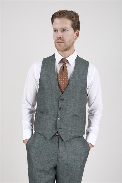 Erkek Slim Fit Sivri Yaka Yeşil Ekose Kombin Yelekli Takım Elbise