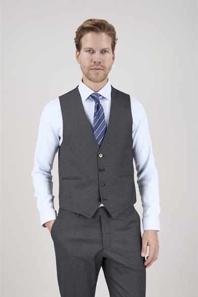 Erkek Slim Fit Sivri Yaka Gri Ekose Kombin Yelekli Takım Elbise