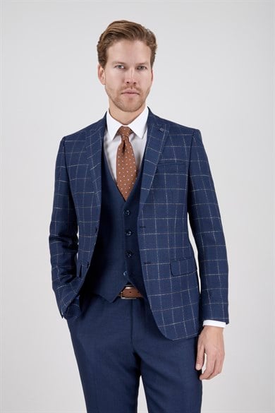 Erkek Slim Fit Sivri Yaka Ekose Yelekli Koyu Mavi Kombin Takım Elbise