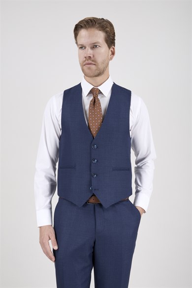 Erkek Slim Fit Sivri Yaka Ekose Yelekli Koyu Mavi Kombin Takım Elbise