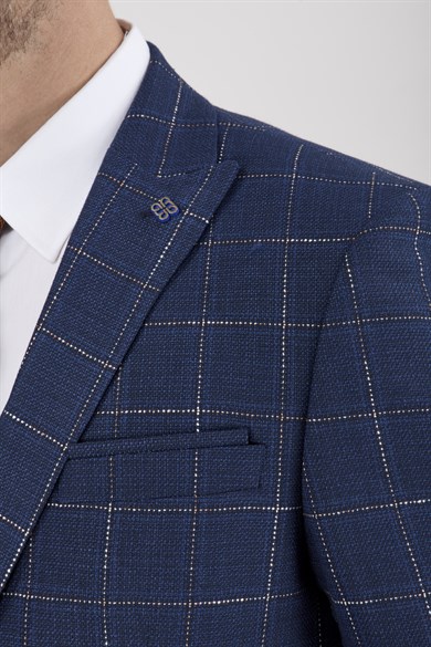 Erkek Slim Fit Sivri Yaka Ekose Yelekli Koyu Mavi Kombin Takım Elbise