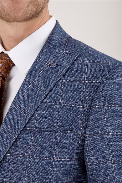 Erkek Slim Fit Sivri Yaka Açık Mavi Ekose Kombin Yelekli Takım Elbise