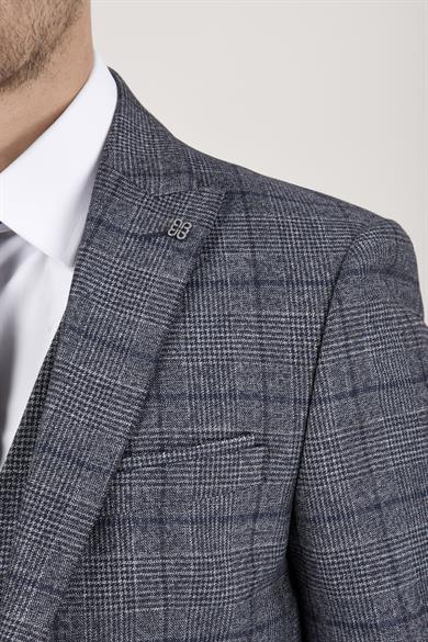 Erkek Slim Fit Sivri Yaka Lacivert Ekose Yelekli Kombin Takım Elbise