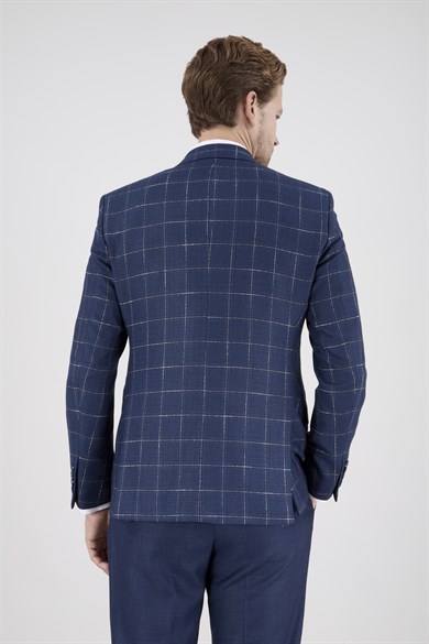 Erkek Slim Fit Sivri Yaka Ekose Yelekli Koyu Mavi Kombin Takım Elbise
