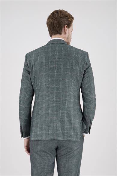 Erkek Slim Fit Sivri Yaka Yeşil Ekose Kombin Yelekli Takım Elbise