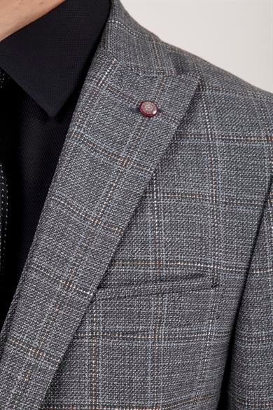 Erkek Slim Fit Sivri Yaka Açık Gri Ekose Yelekli Kombin Takım Elbise