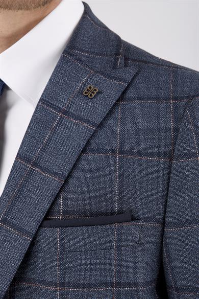 Erkek Slim Fit Sivri Yaka Lacivert Ekose Yelekli Kombin Takım Elbise