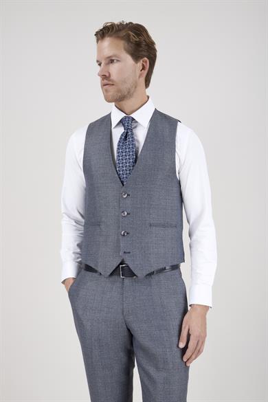 Erkek Slim Fit Sivri Yaka Lacivert Ekose Kombin Yelekli Takım Elbise