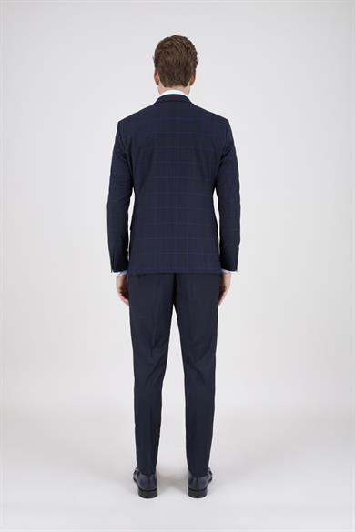 Erkek Slim Fit Sivri Yaka Lacivert Ekose Kombin Yelekli Takım Elbise