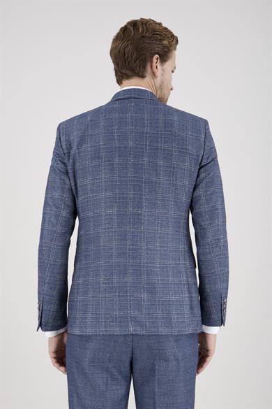Erkek Slim Fit Sivri Yaka Açık Mavi Ekose Kombin Yelekli Takım Elbise