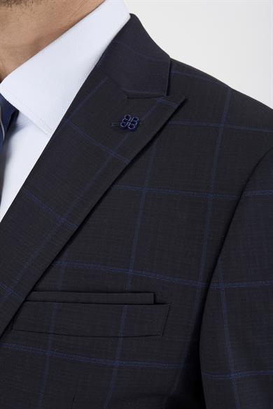 Erkek Slim Fit Sivri Yaka Lacivert Ekose Kombin Yelekli Takım Elbise
