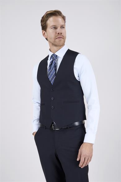 Erkek Slim Fit Sivri Yaka Lacivert Ekose Kombin Yelekli Takım Elbise