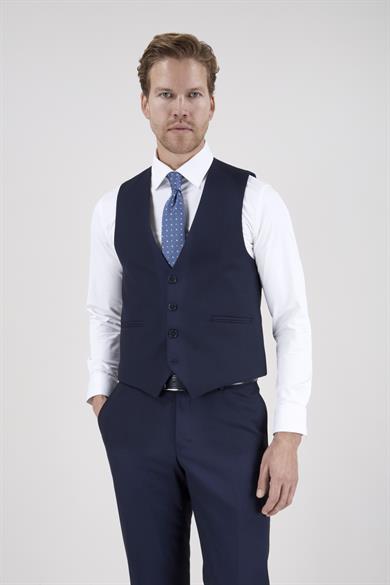 Erkek Slim Fit Sivri Yaka Lacivert Ekose Yelekli Kombin Takım Elbise