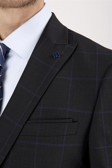 Erkek Slim Fit Sivri Yaka Siyah Ekose Kombin Yelekli Takım Elbise