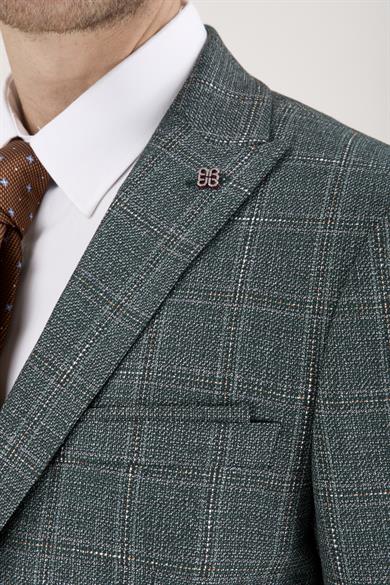 Erkek Slim Fit Sivri Yaka Yeşil Ekose Kombin Yelekli Takım Elbise