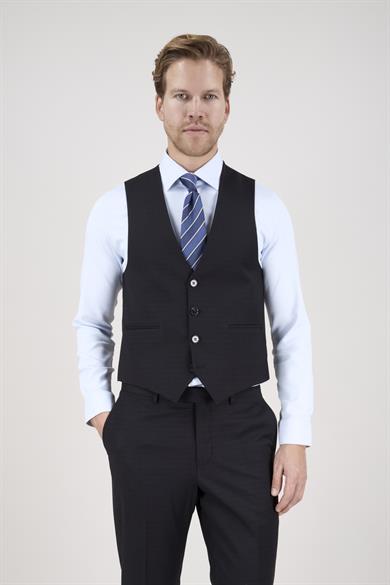 Erkek Slim Fit Sivri Yaka Siyah Ekose Kombin Yelekli Takım Elbise