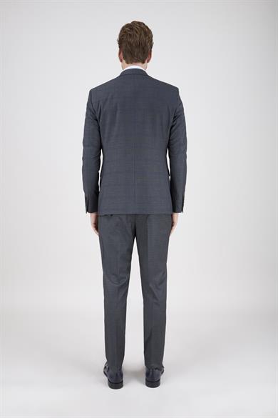 Erkek Slim Fit Sivri Yaka Gri Ekose Kombin Yelekli Takım Elbise
