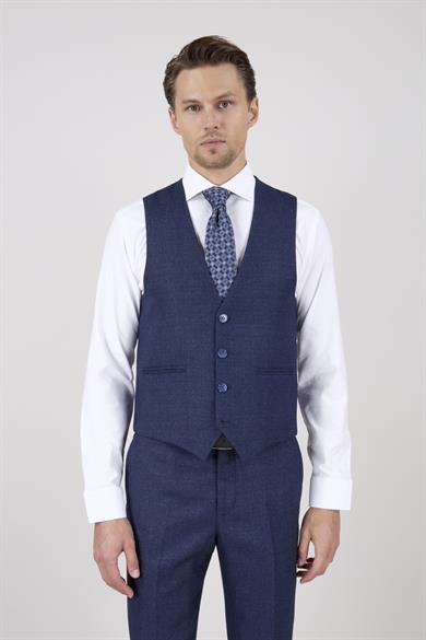 Erkek Slim Fit Sivri Yaka Açık Gri Ekose Kombin Yelekli Takım Elbise