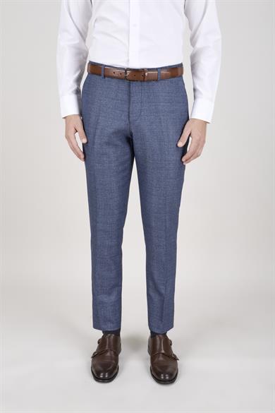 Erkek Slim Fit Sivri Yaka Açık Mavi Ekose Kombin Yelekli Takım Elbise